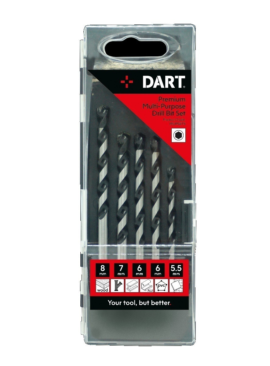 5 Piece Premium Multi-Purpose Drill Bit Set Hex Extremely high quality, durable and long life multi-purpose drill bits for drill through all materials. Steep, aggressive u-type flute gives optimal waste removal, and a 120 degree diamond ground carbide tip for faster drilling and long life even in hard materials. Suitable for use in all materials, including wood, masonry, tiles, aluminium, cast iron, steel, corian and hard and soft plastics.